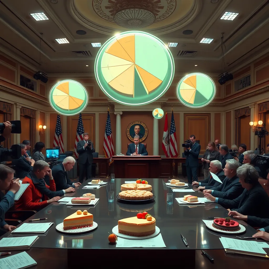 surreal government press room filled with floating holographic pie charts, desserts arranged like official documents, journalists taking frantic notes, patriotic banners, absurdly elegant lighting, magical bureaucratic chaos