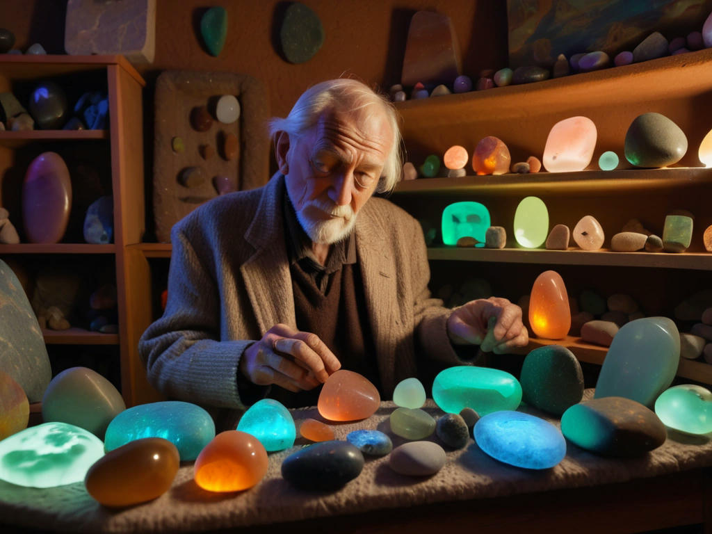 an elderly man holding a glowing stone, surrounded by a collection of various stones, each with a unique color and shape, in a cozy room filled with artifacts