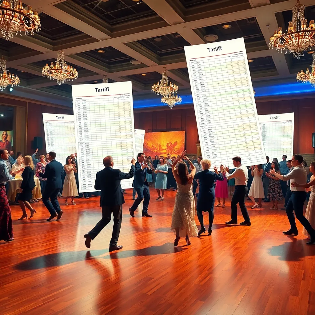 a ballroom dance scene where people are dancing with giant spreadsheets and calculators, celebrating tariffs