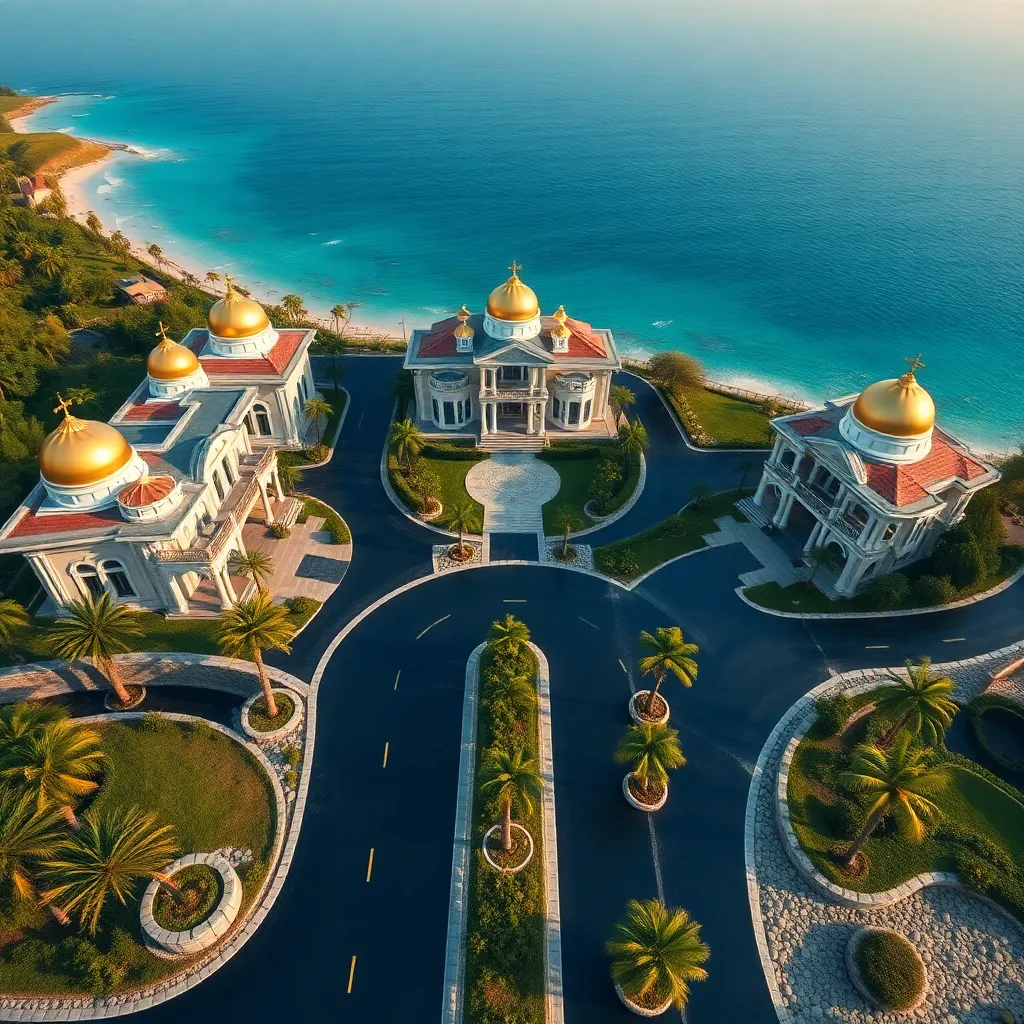 A hyper-realistic aerial view of a luxury village on the Black Sea coast, massive marble mansions with gold domes, roads made of polished obsidian-black asphalt, exotic palm trees, turquoise water, cinematic lighting, 8k resolution
