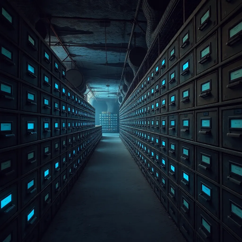 A vast underground warehouse filled with rows of dusty old filing cabinets, but instead of files, each drawer is glowing with a pulsating blue light and labeled with the names of famous scientists, eerie atmosphere, wide shot