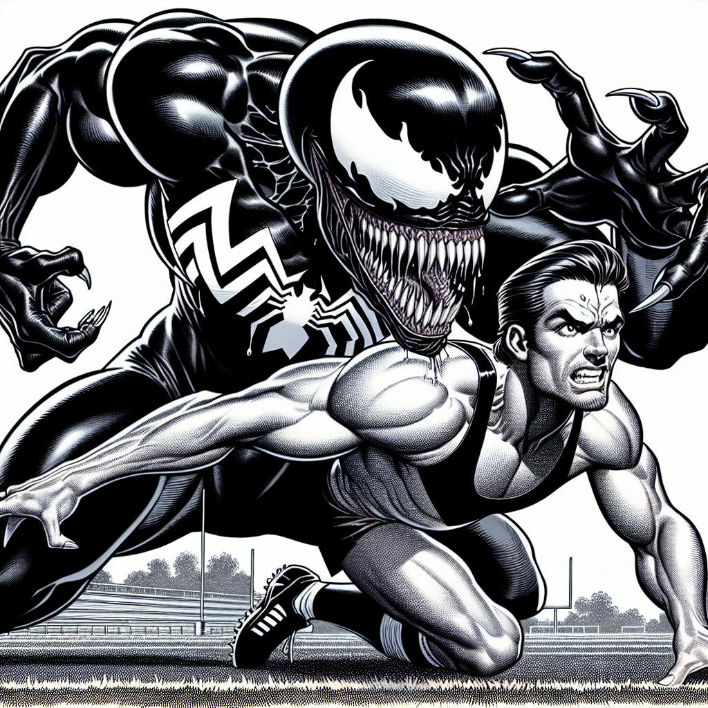 Eddie Brock and Venom training on a football field, intense workout, detailed, dynamic action, art by Alex Ross