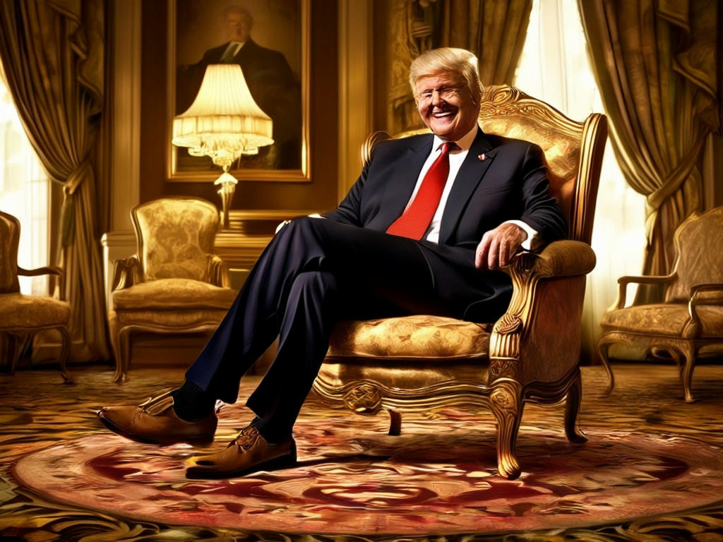 Donald Trump proudly displaying his feet, with a cheesy grin, in a luxurious setting, high-quality, detailed, humorous, satirical