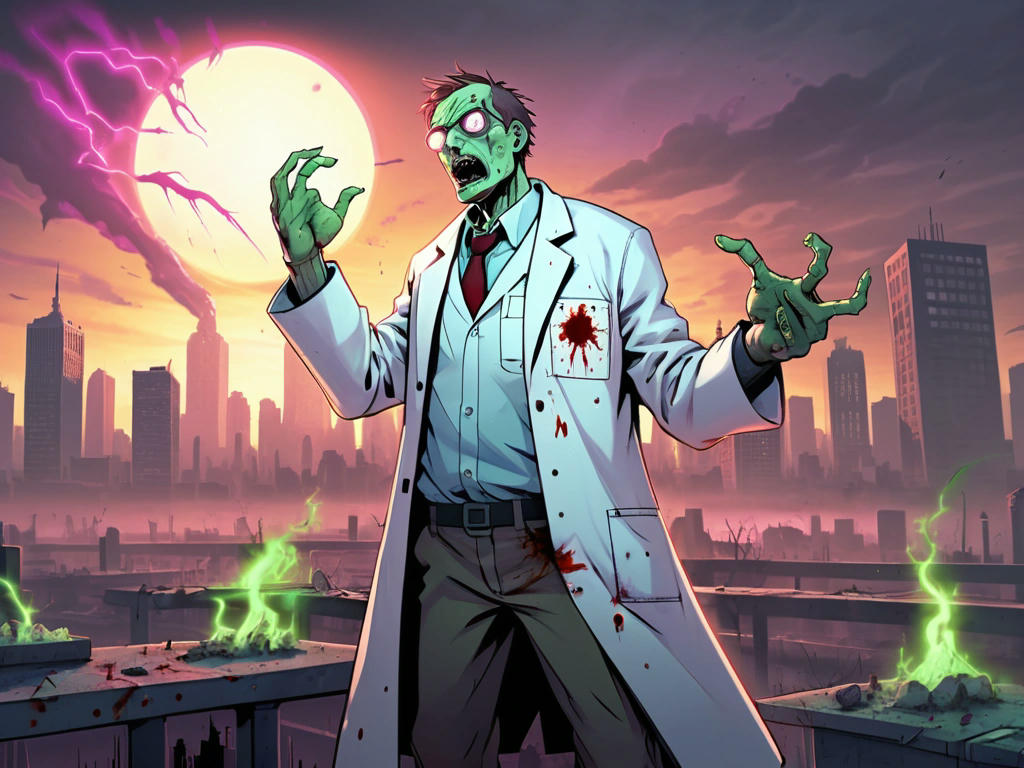 A dramatic illustration of a scientist, dressed in a lab coat, standing victorious over a defeated zombie, with a cityscape in the background, symbolizing the battle against cancer, with a bright, hopeful tone