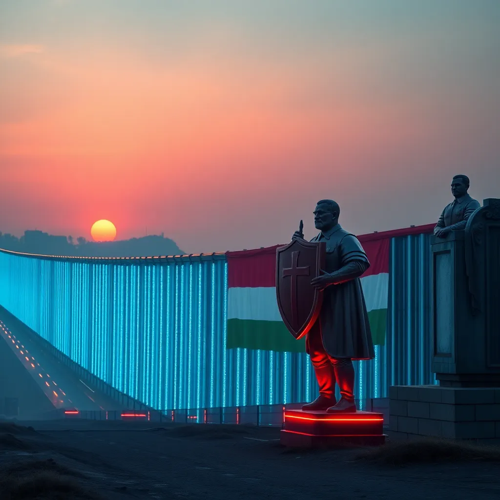A massive, futuristic border wall between Hungary and the rest of Europe, decorated with neon lights and giant statues of Viktor Orbán holding a shield, hyper-realistic, 8k resolution, dramatic sunset