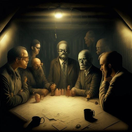 Skeptics and conspiracy theorists in a dimly lit basement
