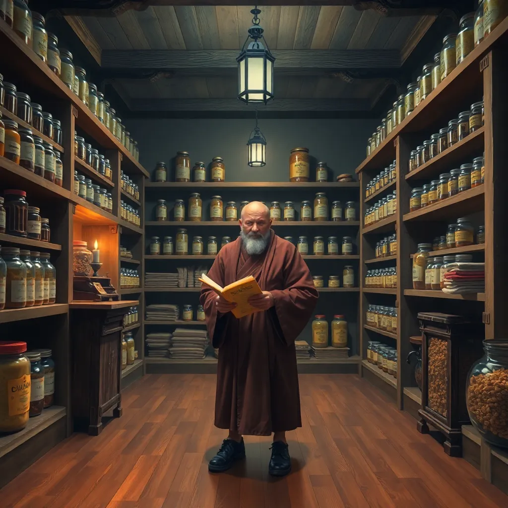interior of a tranquil monastery pantry organized with extreme precision, shelves of neatly labeled jars, folded robes, polished wooden floors, a dedicated monk with a ledger and calm expression, warm lantern light, highly detailed