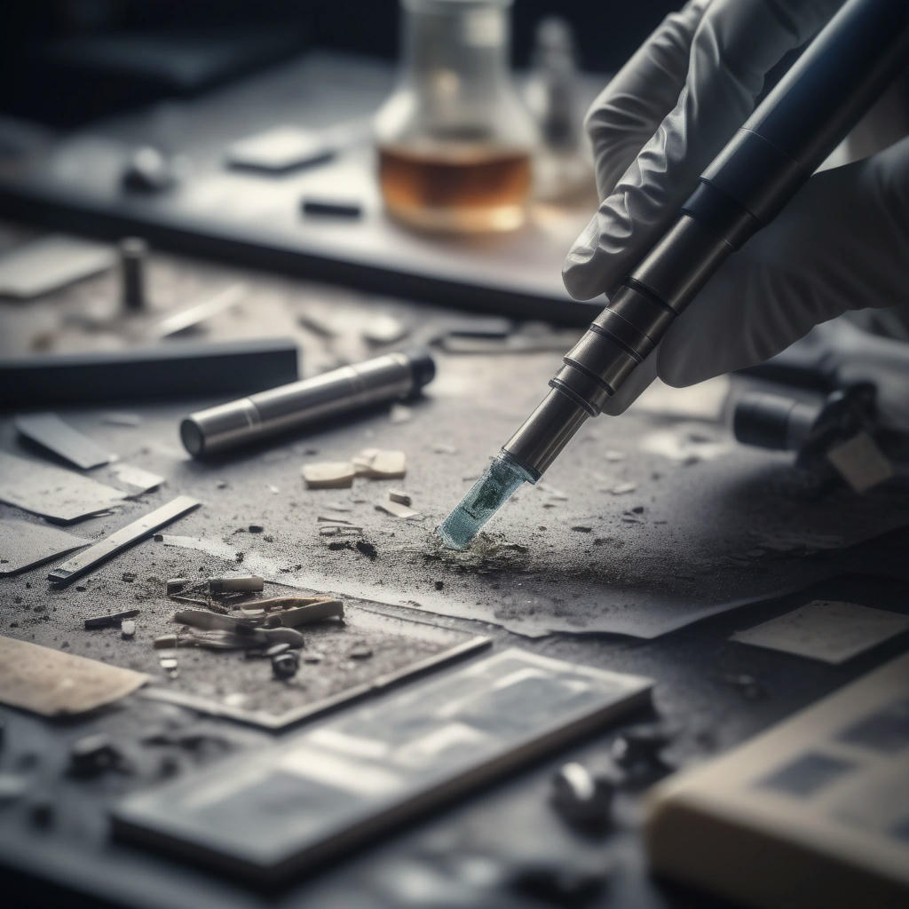 A close-up illustration of a forensic scientist examining a piece of evidence under a microscope, with a blurred background of a crime scene, created in a detailed and realistic style, with a focus on the textures and materials of the evidence and the microscope, reminiscent of a crime drama