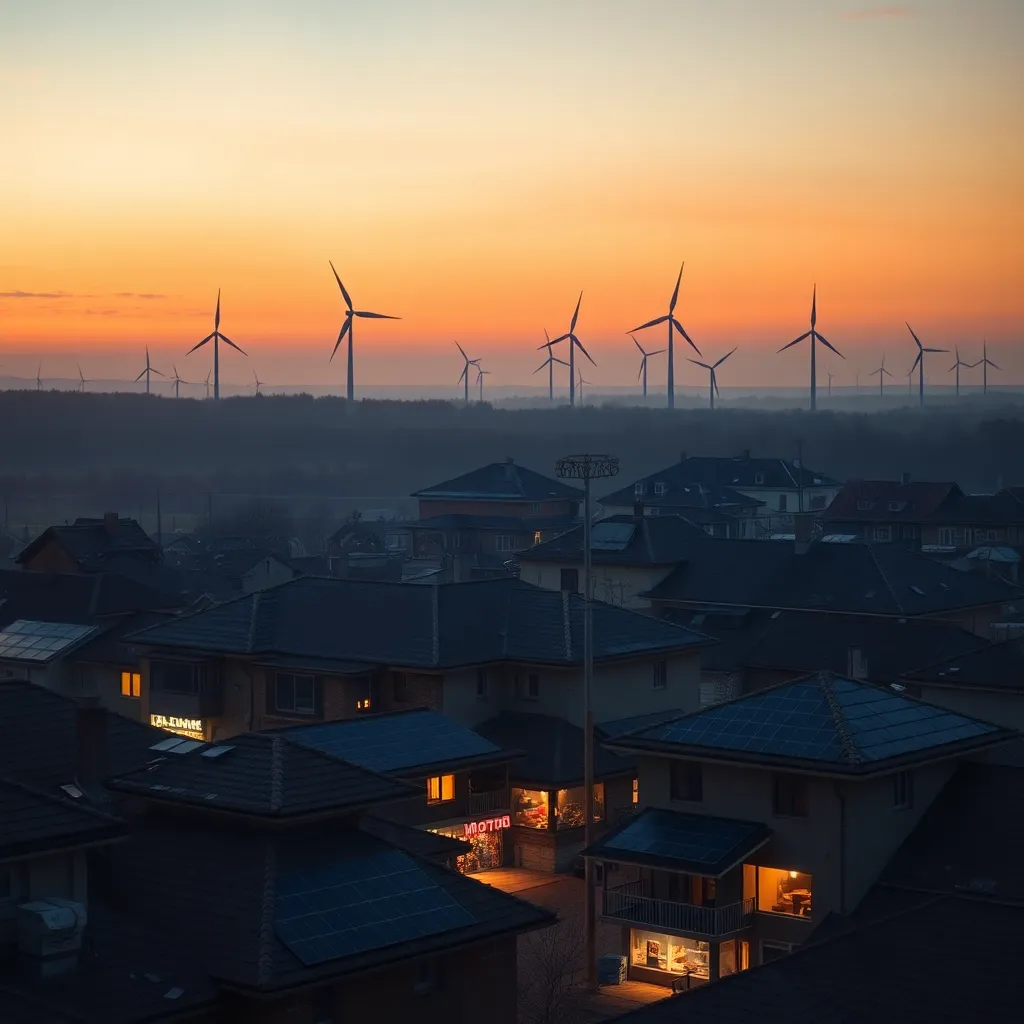 vast Ukrainian landscape with rooftops covered in solar panels and elegant wind turbines on the horizon, small businesses open and brightly lit during a blackout in nearby districts, warm sunrise, hopeful realistic scene, high detail, cinematic composition