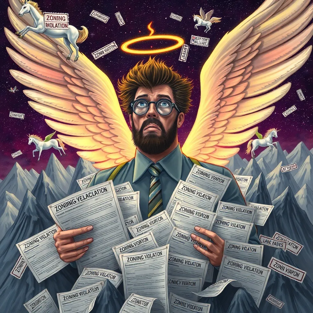 overwhelmed angel bureaucrat buried under mountains of 'Straight to Hell Relocation Forms' while queers float past effortlessly on rainbow unicorns, celestial 'ZONING VIOLATION' stamps everywhere