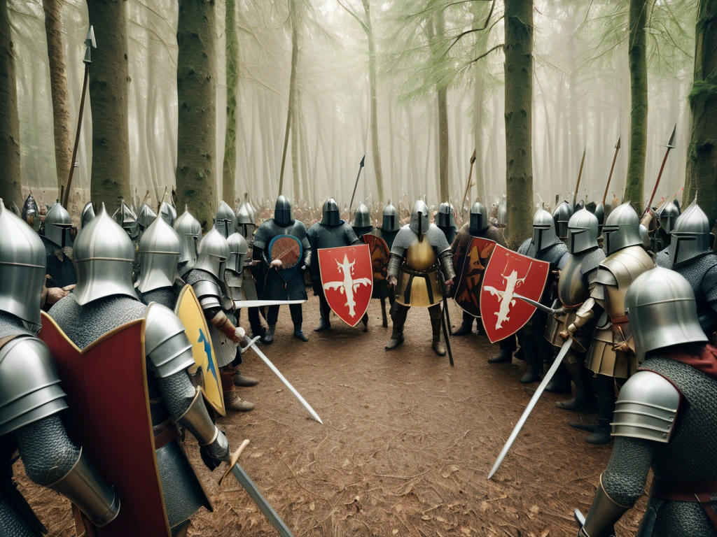 two groups of medieval knights facing off in a forest, one group shouting 'Ni' and the other shouting 'Ekke Ekke Ekke Ptang Zoo Boing'