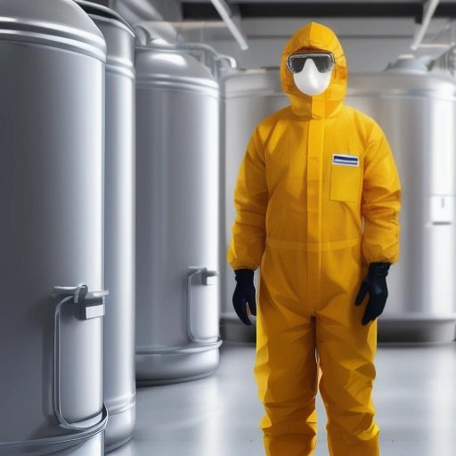 Scientist wearing hazmat suit with gas container