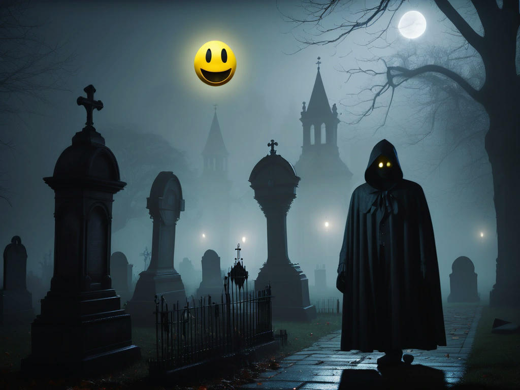 Pac-Man in a dark, foggy Victorian graveyard, chasing a shadowy, cloaked ghost