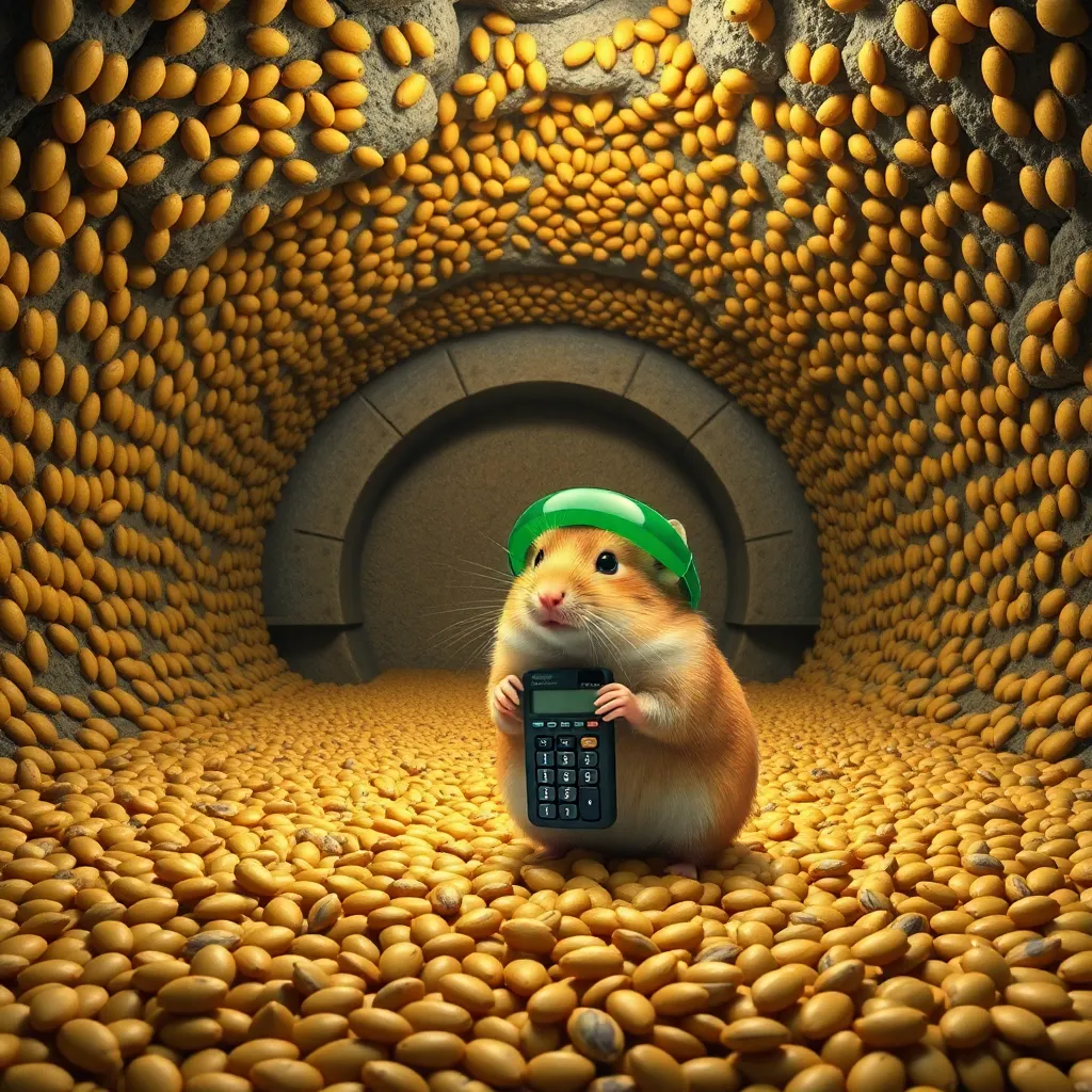 A giant underground vault filled to the ceiling with sunflower seeds, with a small hamster wearing a green visor and holding a tiny calculator.