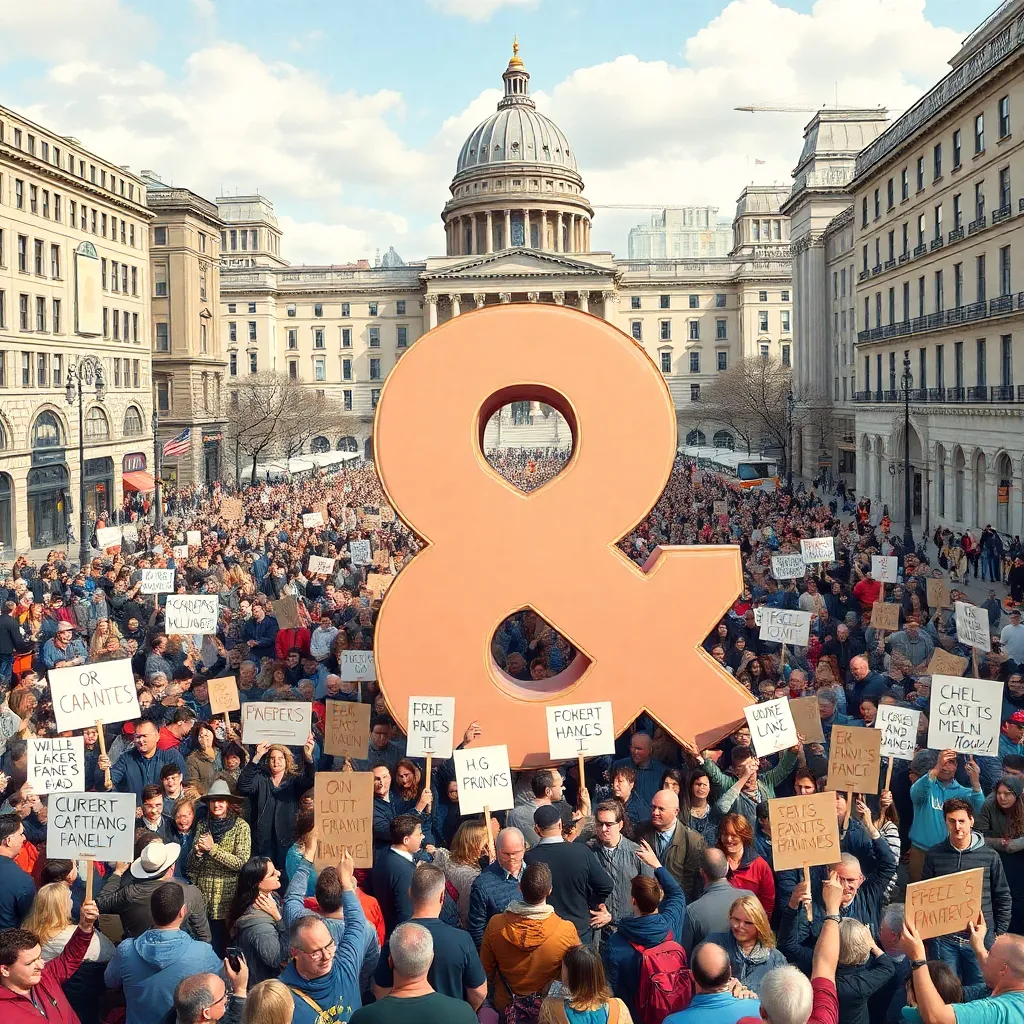 busy city square filled with cheering crowds holding giant ampersand banners, whimsical protest signs, street vendors selling pastries shaped like punctuation, grand civic buildings in background, festive yet absurd political rally, highly detailed editorial illustration