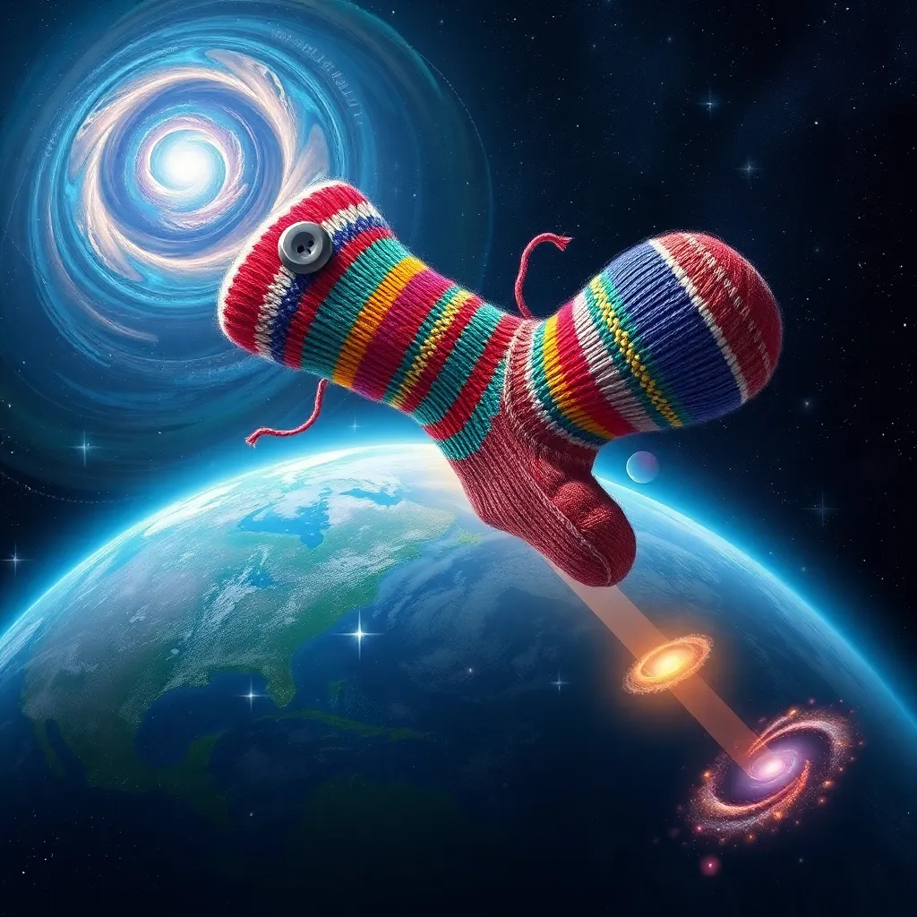 cosmic entity made of swirling multicolored socks floating above Earth, one giant button eye winking, cosmic yarn strands connecting to glowing sock-beams below, nebula shaped like a lost mitten