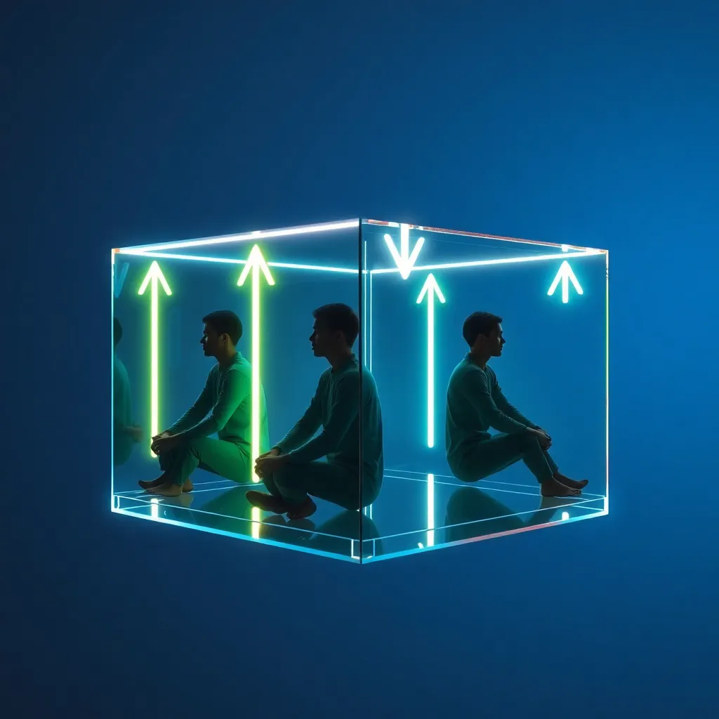A surreal mathematical category represented as a floating glass cube, with four different versions of the same person sitting at each corner, connected by glowing neon arrows that loop back into their own foreheads