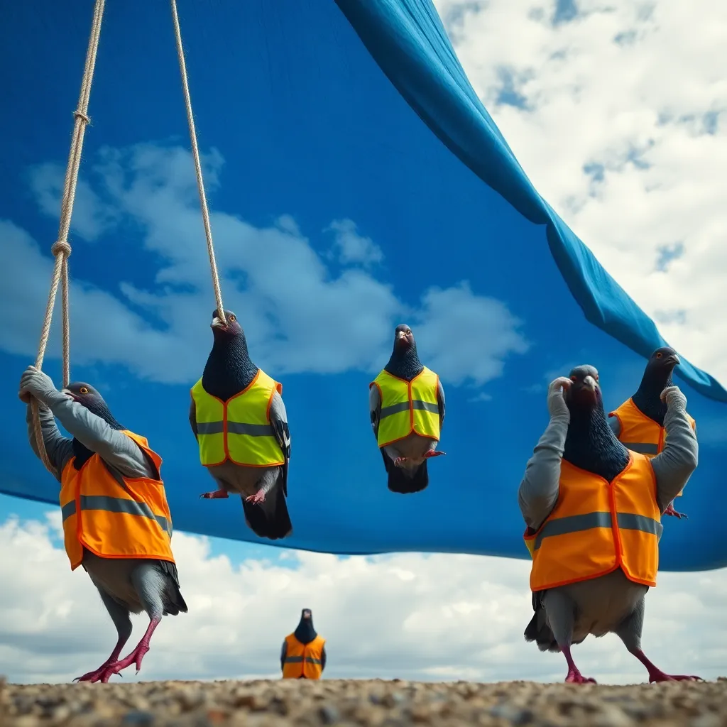 A group of pigeons in high-visibility vests using ropes to hold up a massive blue tarp that covers the entire sky, clouds painted on the tarp with visible brushstrokes, surreal photography