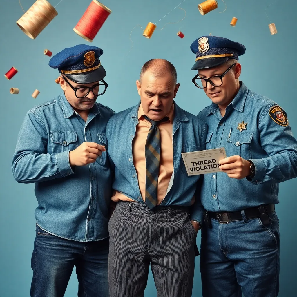 Denim-clad police officers with magnifying glasses examining a terrified man's unraveling corduroy pants, one officer holding a 'THREAD VIOLATION' ticket, surreal scene with floating thread spools in background