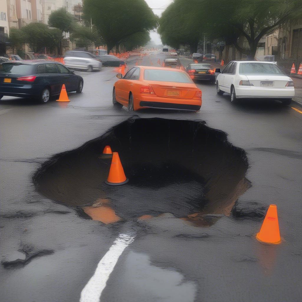 a massive pothole filled with rainwater, surrounded by traffic cones and a car swerving to avoid it, cracked asphalt edges