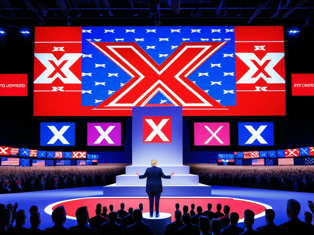 Donald Trump standing at a podium with a backdrop of digital screens displaying X logos, surrounded by cheering supporters