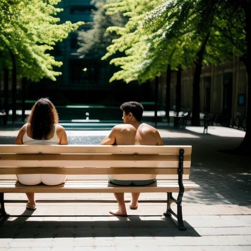 Couple uncomfortable sitting on a public bench