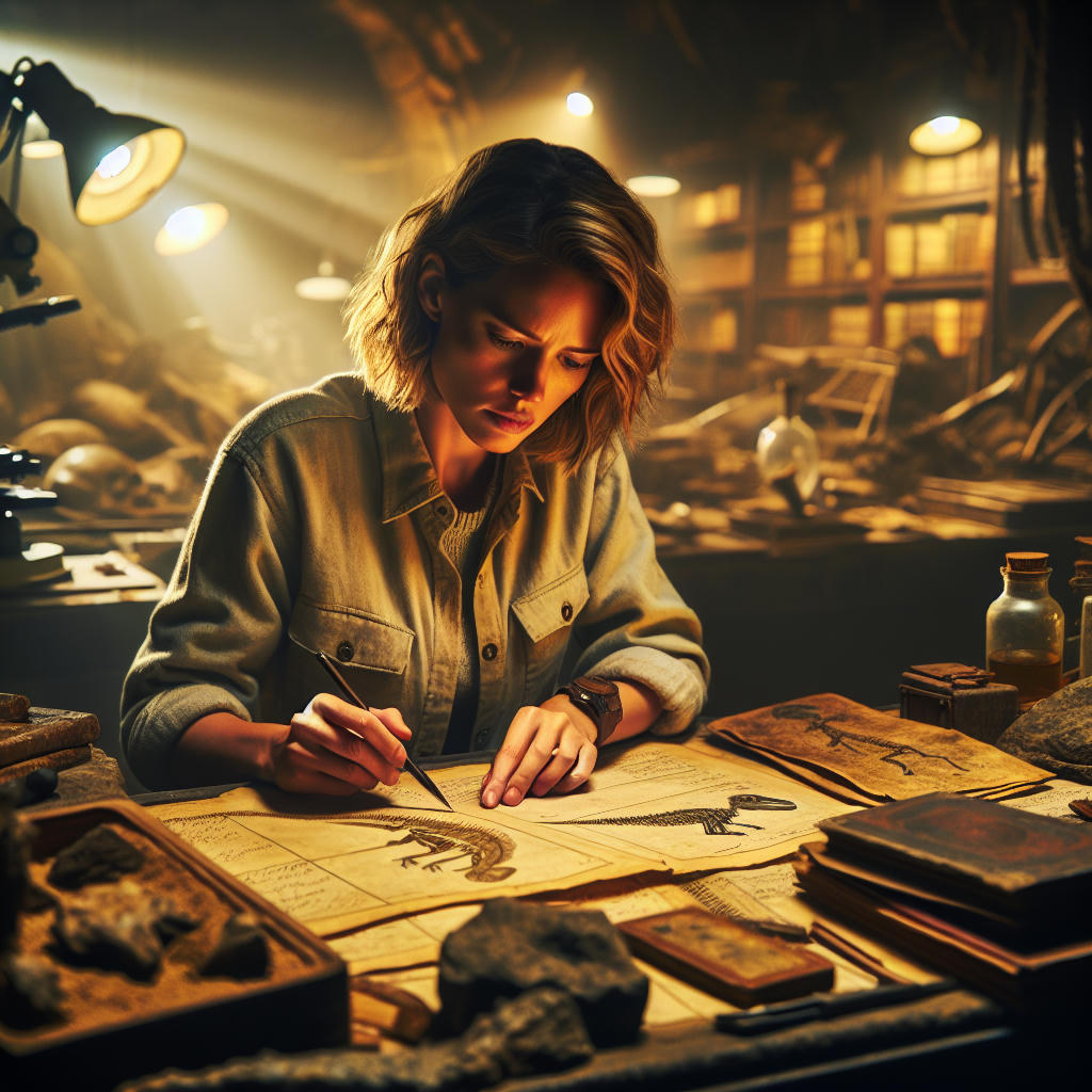 Dr. Emily Carter, a determined paleontologist, surrounded by ancient texts and artifacts, working tirelessly in a dimly lit research lab, intricate details, dramatic lighting, 8k resolution