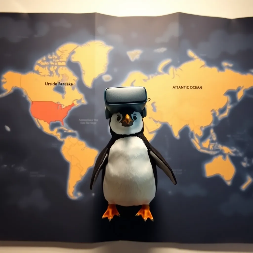 glitchy world map where Australia is labeled 'Upside-Down Pancake' and the Atlantic Ocean reads 'Wet Carpet', held by a confused penguin wearing a tiny VR headset