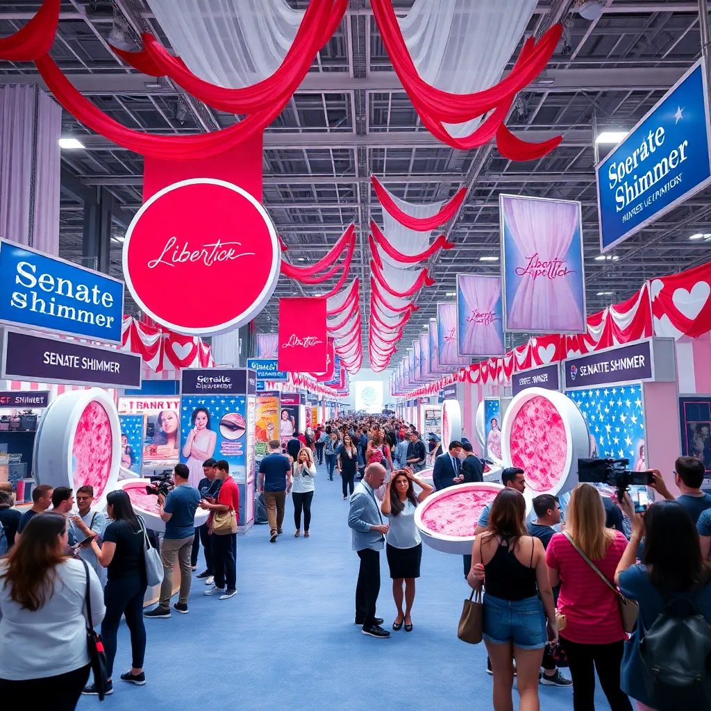 surreal beauty convention floor transformed into a patriotic cosmetics expo, makeup booths decorated in red white and blue, influencers filming videos, giant powder compacts shaped like stars, banners for fictional products like liberty lipstick and senate shimmer, crowded energetic atmosphere, cinematic wide shot