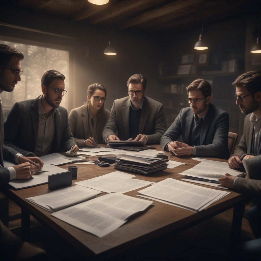 a group of journalists gathered around a table, discussing and debating, with papers and laptops scattered around them, warm lighting, cinematic, 4k, hyper-realistic, detailed, intricate, award-winning photography