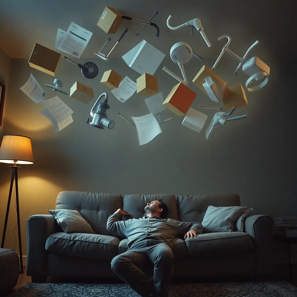 a dramatic living room scene where a person lies on a sofa staring at the ceiling while ghostly imagined chores swirl above them like heavy boxes, tax forms, and vacuum cleaners, surreal yet cinematic
