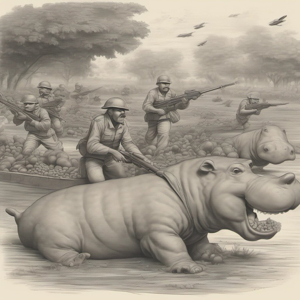 Colombian soldiers luring hippos away with food