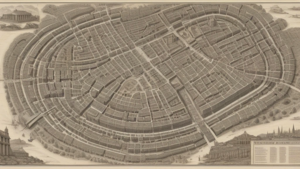 a detailed map of ancient Rome with landmarks, roads, and buildings, historically accurate, highly detailed, educational illustration