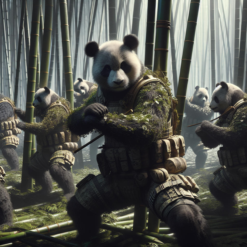 a group of guerilla pandas in a dense bamboo forest, equipped with combat gear and camouflage, engaging in hand-to-hand combat training, hyper-realistic, intricate details, dramatic lighting, high resolution