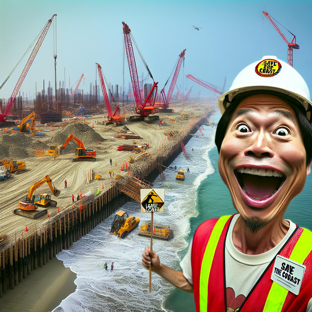 a satirical image of an environmentalist holding a 'Save the Coast' sign, surrounded by construction machines and cranes, with a faint image of a destroyed coastline in the background, hyper-realistic, satirical, vibrant colors, exaggerated features, cartoonish, humorous, absurd