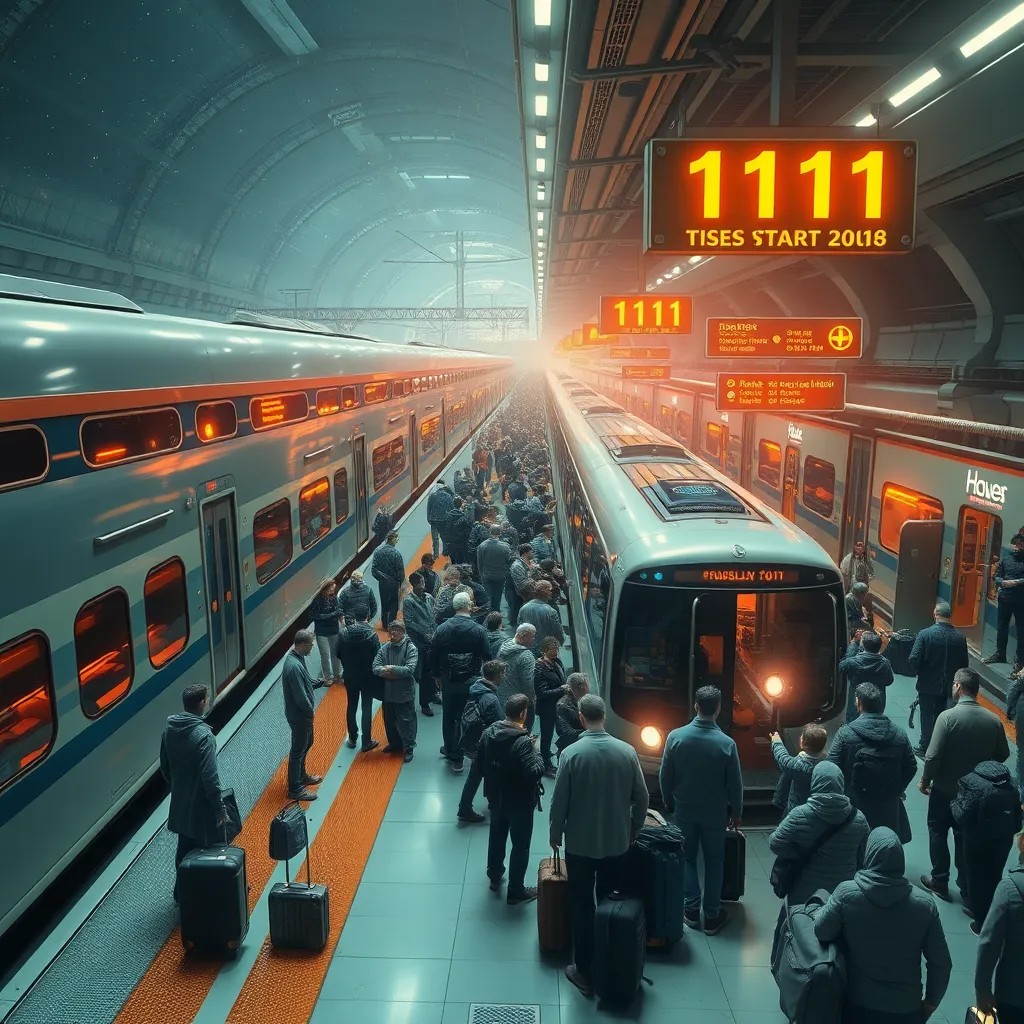 spaceport terminal in the year 11111, sleek futuristic interstellar trains waiting nearly empty while a chaotic line of eager passengers crowds around an old beloved cosmic minibus with route placards and luggage everywhere, glowing station signs, grand absurd contrast, richly detailed sci-fi scene