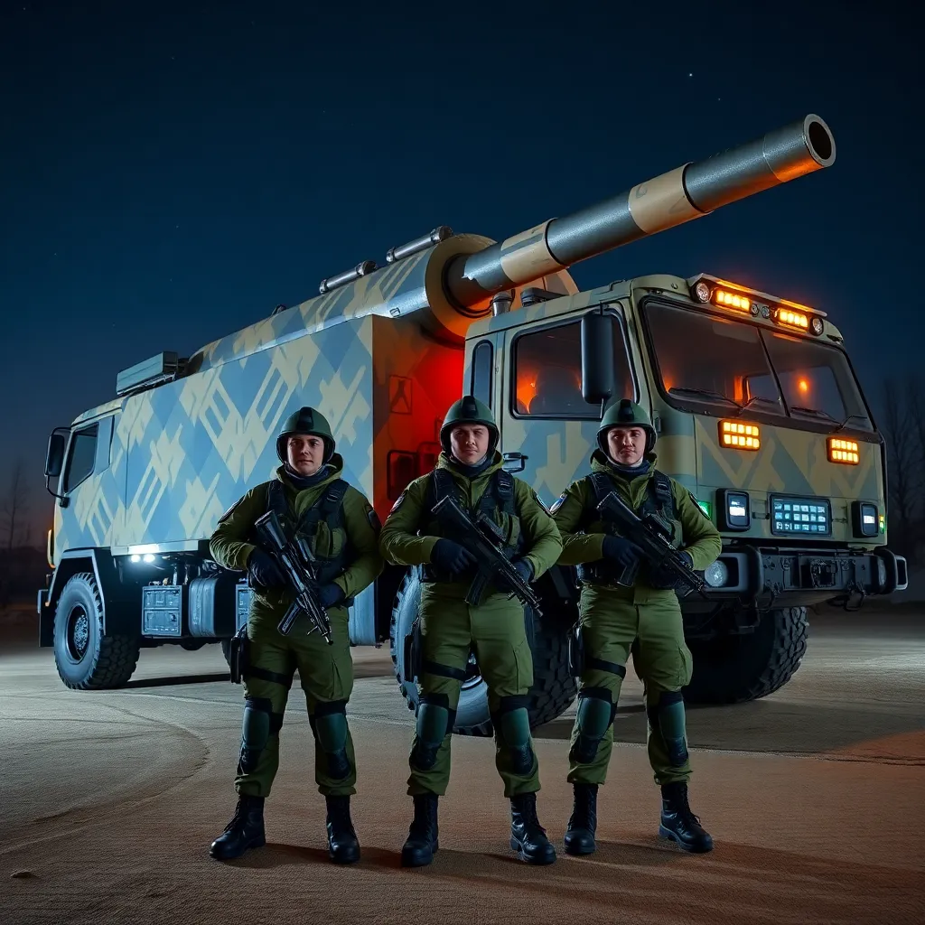 Ukrainian soldiers in high-tech tactical gear standing proudly in front of a giant mobile space cannon, the truck is camouflaged with digital patterns, night scene with stars visible, glowing control panels on the side of the vehicle