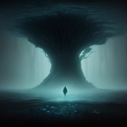 Lone figure standing amidst fungal growth