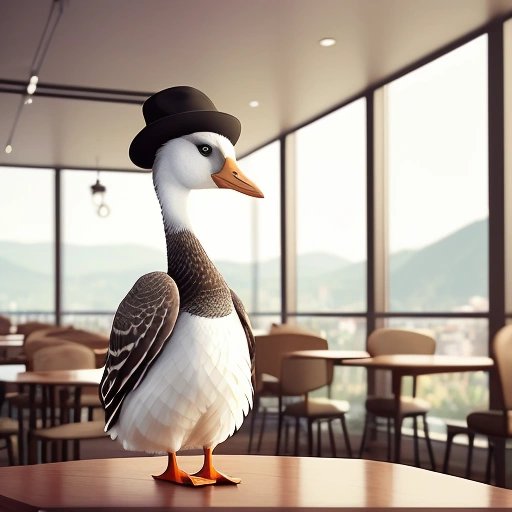 Goosifer on a cafe table with multiple hats