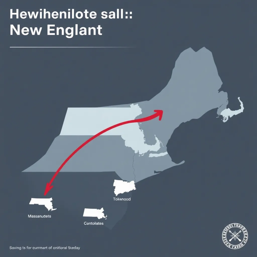 A government-issued infographic showing a map of New England with a large red arrow pointing away from Massachusetts toward smaller neighboring states, clean professional design, muted colors