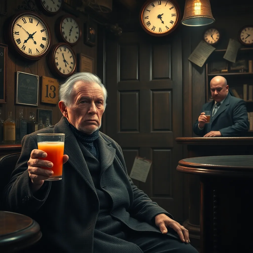 dramatic surreal scene in a neighborhood bar: an older weary time traveler in a dust-covered coat sits quietly with a glass of tomato juice, while a younger version of himself argues in the background near the door, clocks and calendar pages swirling in the air, bartender stern and unmoved, moody cinematic lighting, highly detailed