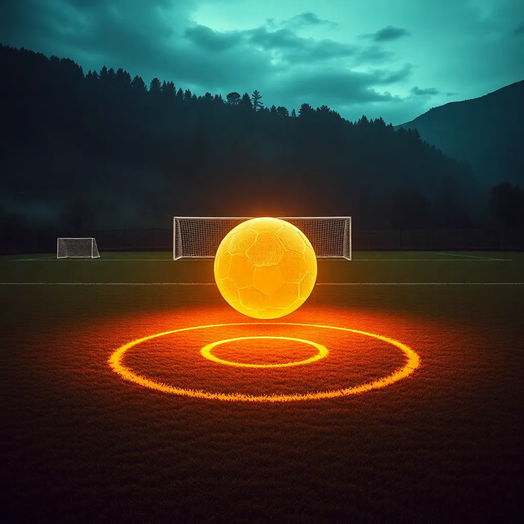 A surreal football match in Kruhy village where the ball is a glowing sphere, the goals are golden rings, and the field is a giant crop circle, cinematic wide shot