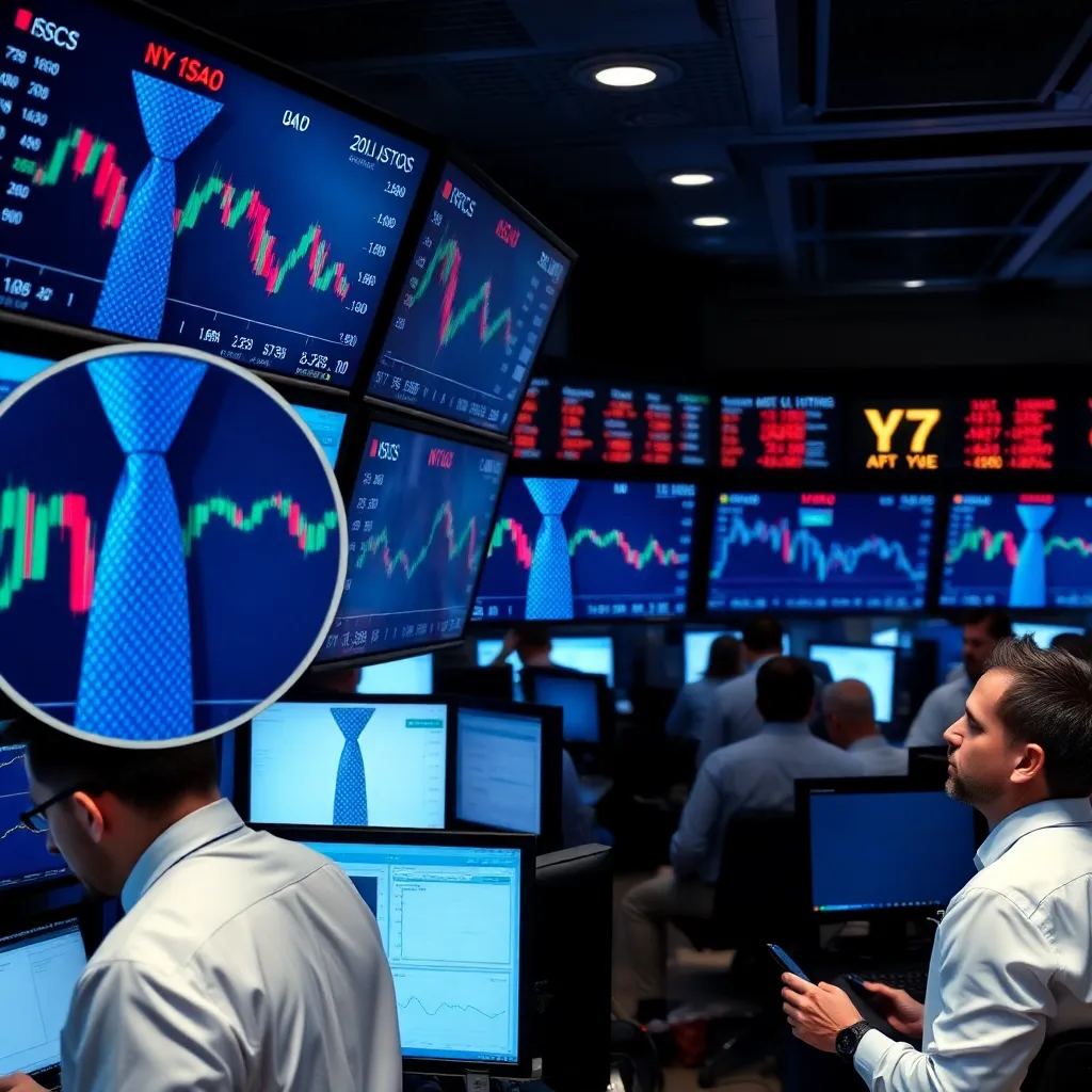 A busy trading floor where several monitors show zoomed-in, pixelated images of a blue tie next to complex candlestick charts, traders in white shirts looking focused, documentary style.