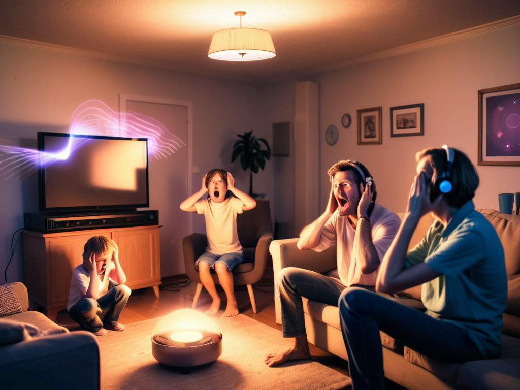 a frustrated family sitting in their living room, hands over their ears, while a glowing server in the corner emits exaggerated sound waves, a dog howling in the background