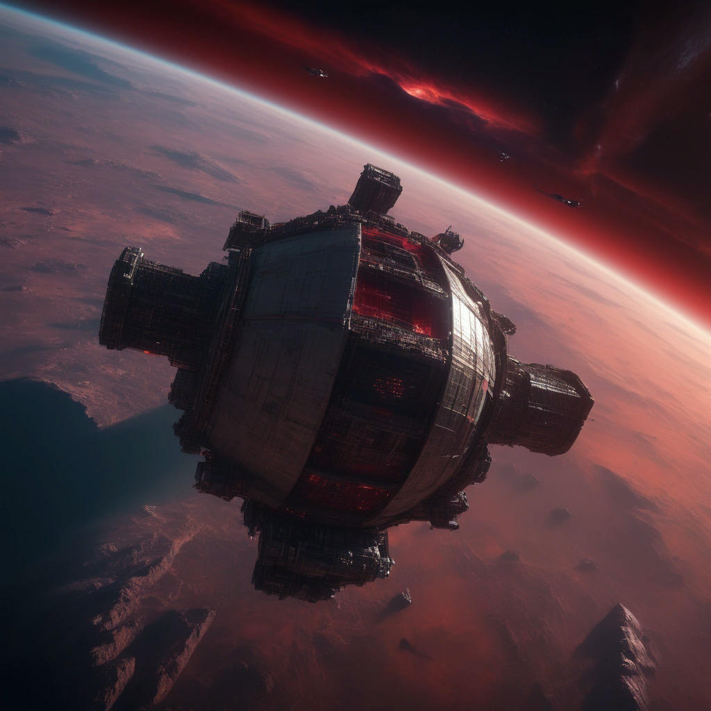 a massive, orbiting space station, teeming with humanity, looking down on the devastated Earth, red nebula looming in the background, cinematic, 4k, hyper-realistic, trending on artstation