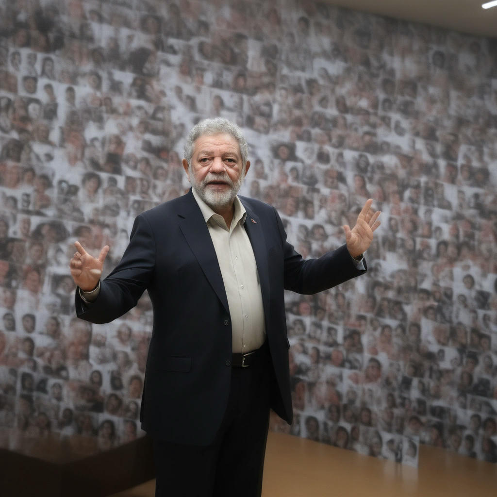 Lula em uma coletiva de imprensa, sério, com um fundo de microfones, foto realista, alta qualidade