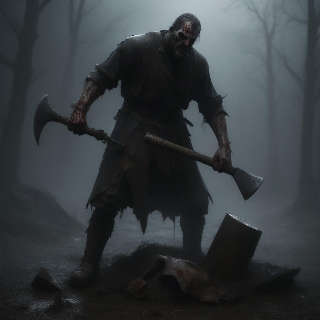 A sinister figure standing over a cowering victim, holding an axe, detailed, realistic, digital art