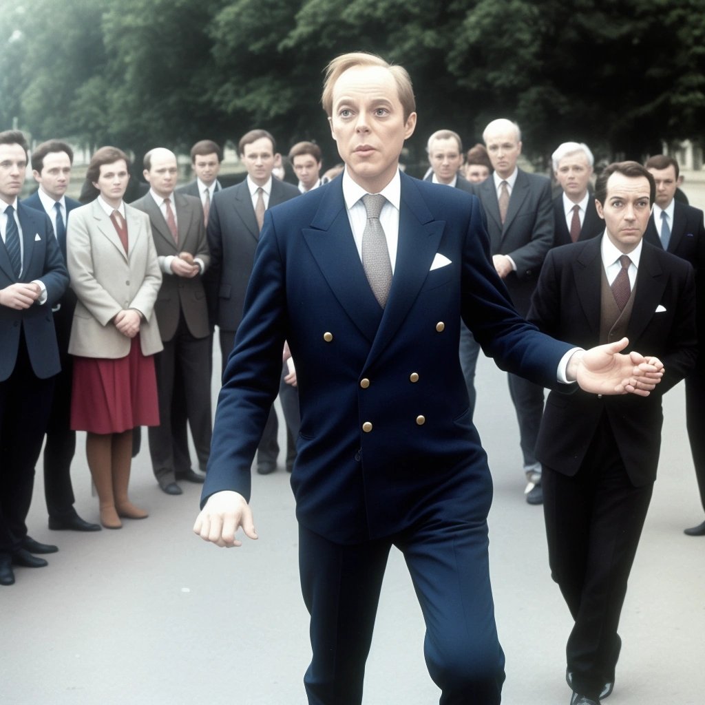 Minister of Silly Walks demonstrating his walk in front of reporters