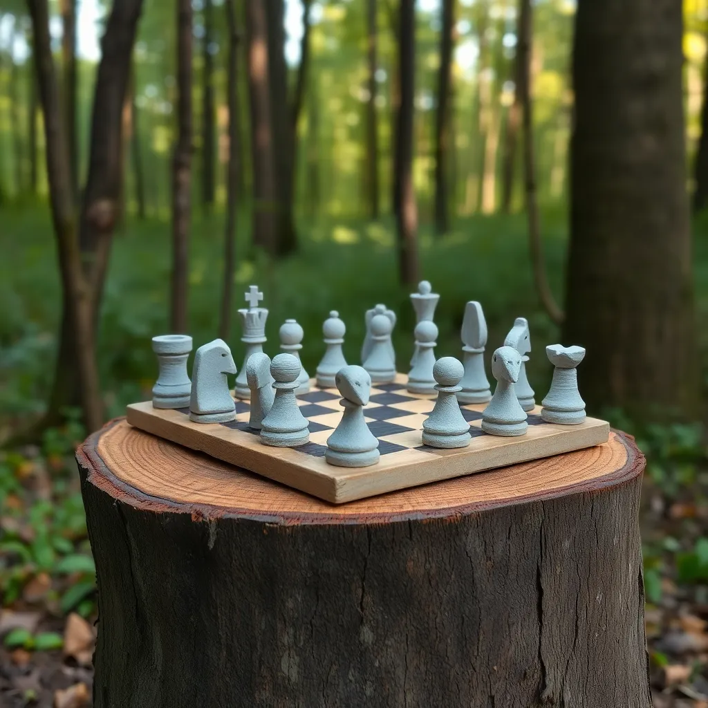 Handmade chess set made of crude grey clay on a rough wooden stump, pieces are misshapen and primitive, forest background, soft natural light