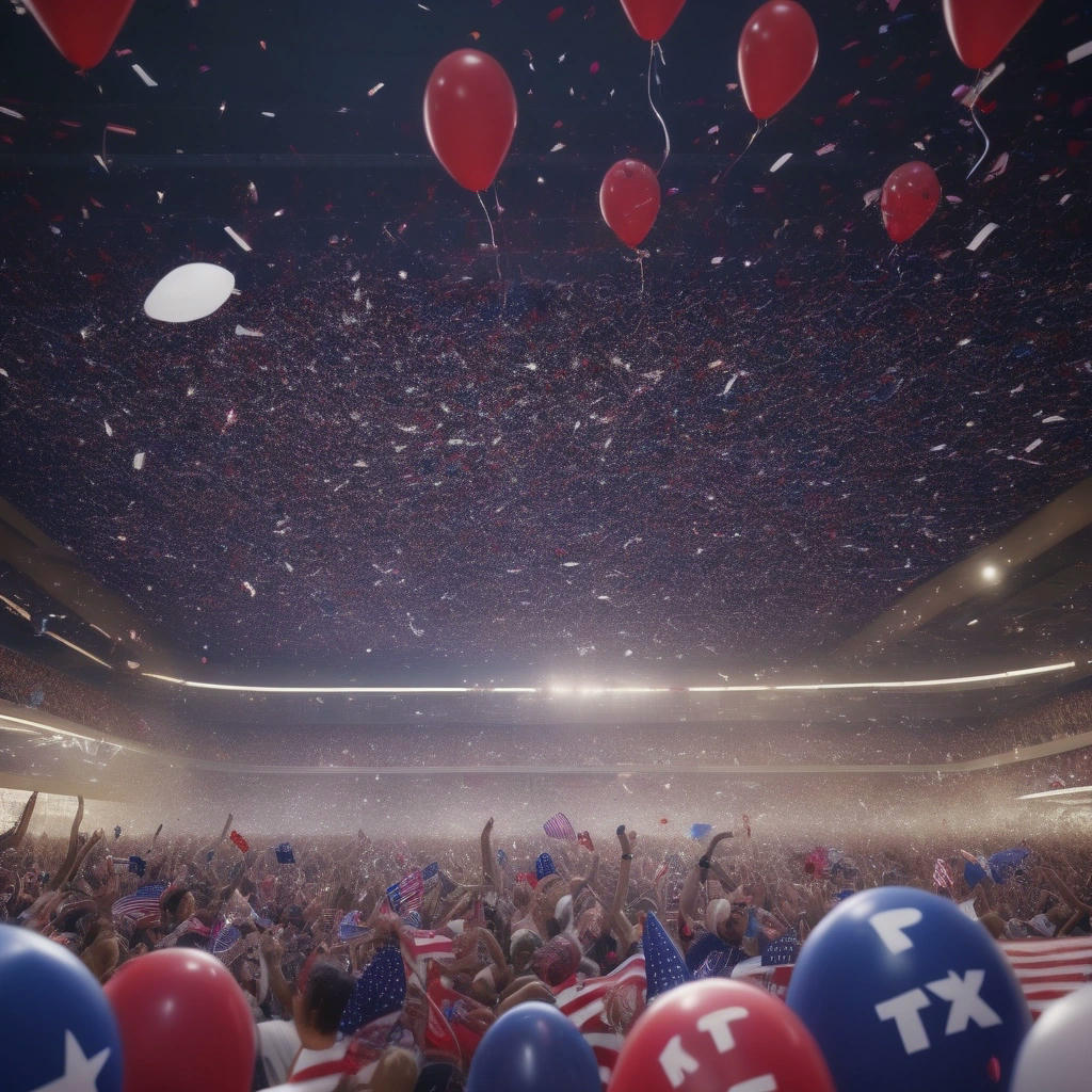 A crowd of people cheering and holding signs that say 'Trump 2024' and 'Biden for President', confetti and balloons falling from the ceiling, a giant American flag waving in the background, bright lights and a lively atmosphere, 4k, hyper-realistic, cinematic